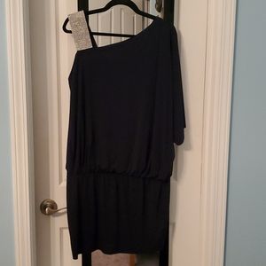Navy blue one shoulder cocktail dress.